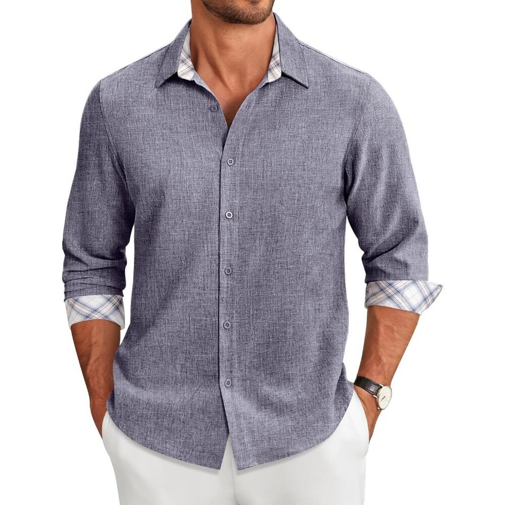 Coofandy Men Navy Blue Long Sleeve Button Down Untucked Regular Fit Dress Shirt